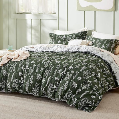 Bedsure King Comforter Set - Dark Olive Green Bed Set, 3 Pieces Cute Floral Bedding, 1 Soft Reversible Botanical Flowers Comforter and 2 Pillow Shams