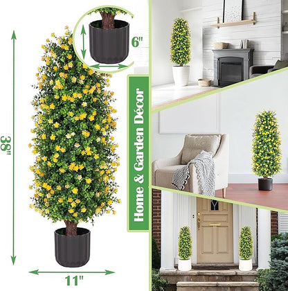 Sunnyglade 2 Packs Artificial Rose Tree 3FT- Fake Floral Plant Tree in Pot- Decorative Topiary Plant - Cement Filled Potted Faux Flower Plant for Home Office Porch Decor Indoor Outdoor(Yellow)
