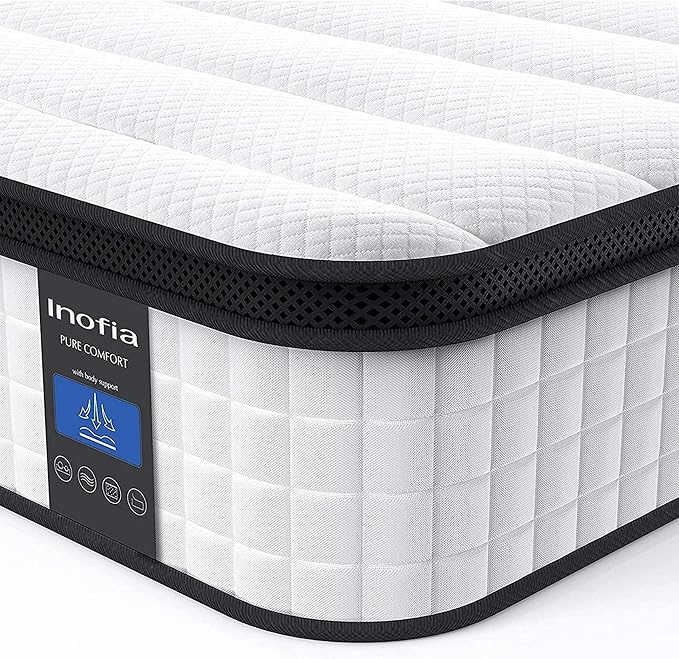 Inofia Queen Mattress, 10 Inch Hybrid Innerspring Spring with Memory Foam, Cool Bed in a Box, Pressure Relief with Motion Transfer, Mattress Queen Size