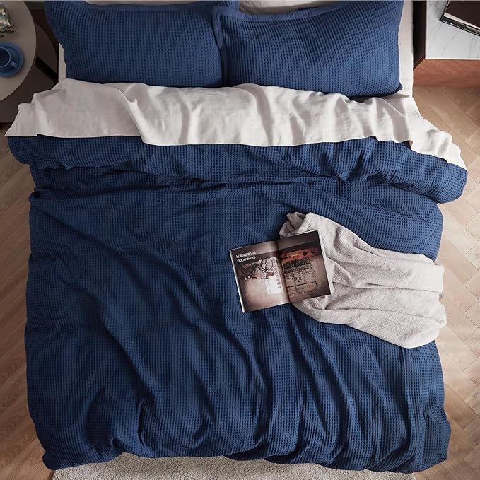 Bedsure Cotton Duvet Cover Set - 100% Cotton Waffle Weave Navy Duvet Cover Oversized King Size, GentleSoft™ and Breathable Bedding Set for All Season, 3 Pieces, 120"x98"