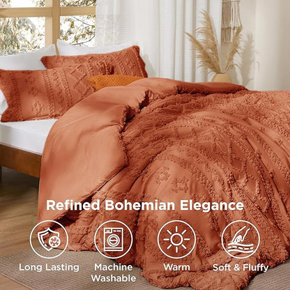 Bedsure Tufted Boho Comforter Set Twin Size - Terracotta Boho Bed Set, GentleSoft™ 2 Pieces Farmhouse Shabby Chic Embroidery Bedding, Gifts for Woman, Soft Jacquard Twin Comforter for All Seasons
