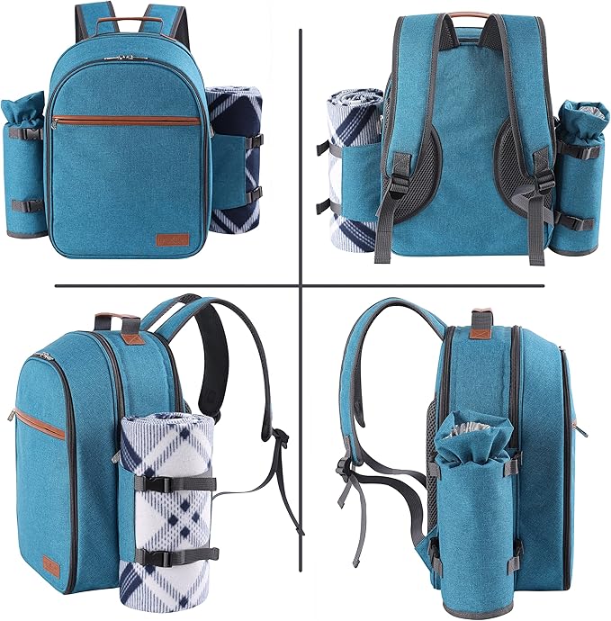 Apollo Walker Picnic Backpack Set for 2 Person with Cooler Compartment, Detachable Bottle/Wine Holder, Fleece Blanket, Plates and Cutlery Set (Teal)-Mewly Pet