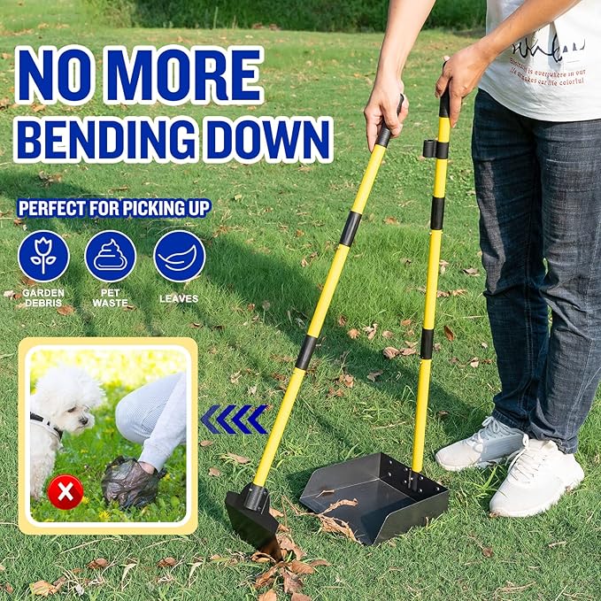 Pooper Scooper for Large Dogs, Adjustable Long Handle Metal Tray and Spade Poop Scooper for Dogs with Bin for Pet Waste Removal, No Bending Clean Up Pooper Scooper for Medium and Large Dogs-Mewly Pet