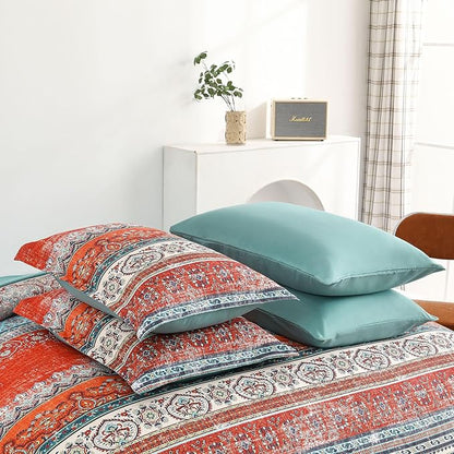 Cottolester Boho Queen Comforter Set 8 Pieces, Terracotta Comforter Bohemian Striped Bed in A Bag,Soft Microfiber Bedding Set for All Seasons