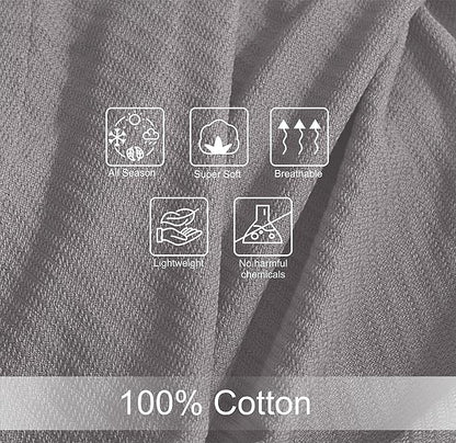 COTTON CRAFT Soft Cotton Thermal Blanket - Plush Herringbone Twill - All Season Luxurious Breathable Skin Friendly Lightweight Cooling Throw Blanket - Sofa Couch Travel Camping Dorm - Full Queen Grey