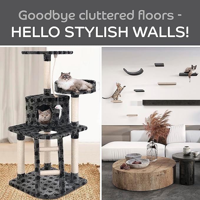 Wall Mounted Cat Steps Short Shelves (2) by Pryde Pets - Stairs for Walkways, 100% Sustainable PET Felt Feline Enrichment Climber Furniture for Indoor Cats, Modern Climbing Gym Design (Oatmeal)-Mewly Pet