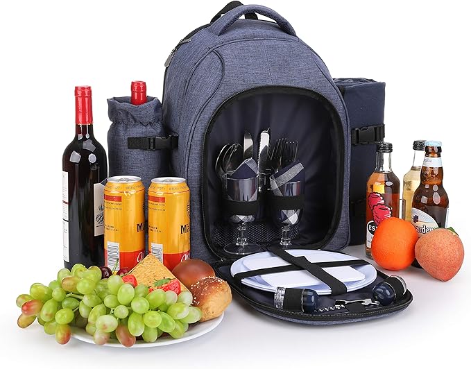 Apollo Walker Picnic Backpack Bag for 2 Person with Cooler Compartment, Detachable Bottle/Wine Holder, Fleece Blanket, Plates and Cutlery Set (2 Person, Navy)-Mewly Pet