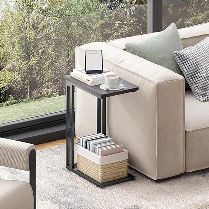 Yusong C Shaped End Table - Slide Under Sofa Couch Bed, Small Table for Small Spaces, Skinny Overbed, Coffee Drink Snack Table for Living Room, Grey Oak