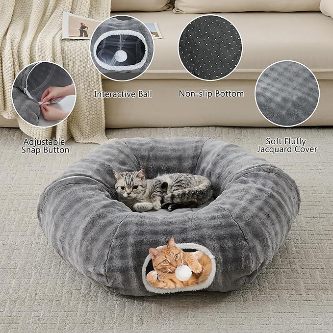 Bubble Cat Tunnel for Indoor Cats, Round Peekaboo Cave Toy with Dangling Balls, Donut Tunnel Bed with Circle Mat for Puppy Kitten Rabbit, Grey-Mewly Pet