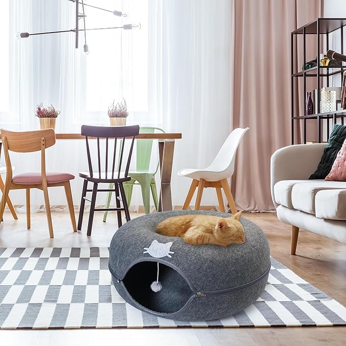 Meow Mansion Large Cat Cave Donut - Cat Tunnel; up to 30lbs - 3 Toy Balls & Hanging Ball Included - Scratch Resistant, Detachable and Cleanable Cat Donut Bed-Mewly Pet