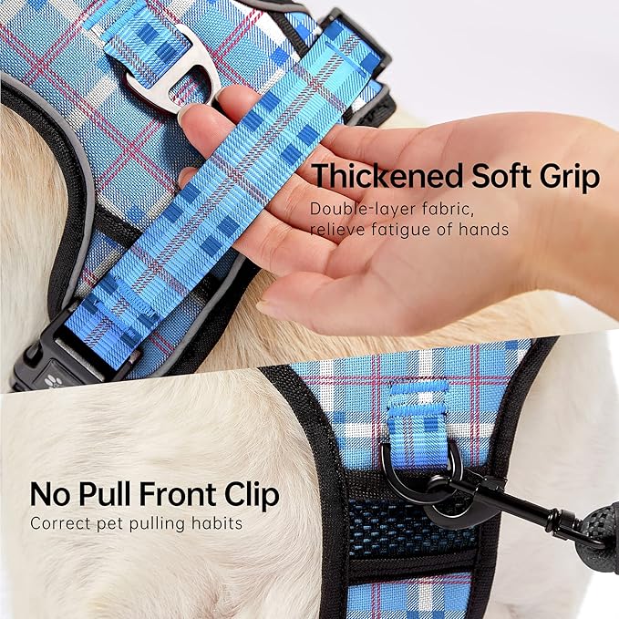 NESTROAD No Pull Dog Harness with Leash, Reflective No Choke Pet Vest Harness,Adjustable Soft Padded Dog Harness with Easy Control Handle for Large Dogs(Checkered Blue,X-Large)-Mewly Pet