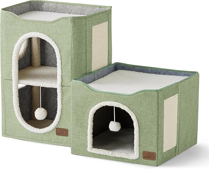 Bedsure 2 Story Cat House - Cat Condos for Indoor Cats with Scratch Pad and Fluffy Ball Hanging, Small Pet Cave Furniture Hideaway for Multi Pets, 18x14x23 inches, Green-Mewly Pet