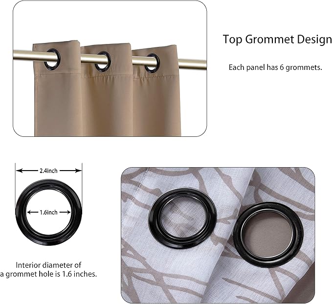 BONZER Mix and Match Curtains - 2 Pieces Branch Print Sheer Curtains and 2 Pieces Blackout Curtains for Bedroom Living Room Grommet Window Drapes, 37x84 Inch/Panel, Taupe, Set of 4 Panels