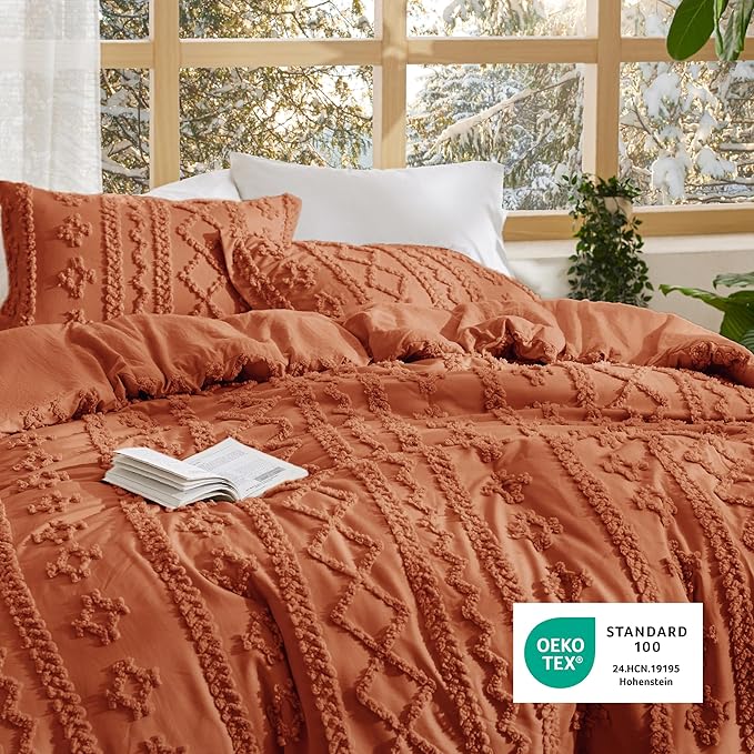 Bedsure Tufted Boho Comforter Set King Size - Terracotta Boho Bed Set, GentleSoft™ 3 Pieces Farmhouse Shabby Chic Embroidery Bedding, Gifts for Woman, Soft Jacquard King Comforter for All Seasons