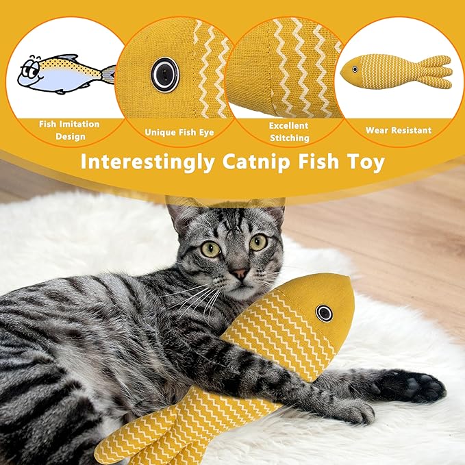 Interesting Catnip Toys Fish, 1 Pack Large Cat Toys, Soft Indoor Cat Kicker Toys, Durable and Highly Interactive Catnip Toys（Yellow Fish）-Mewly Pet
