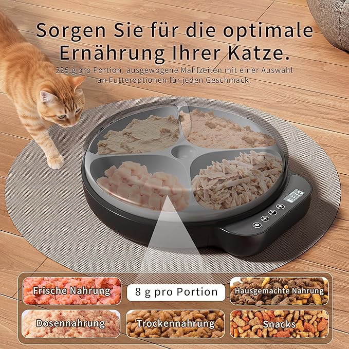 Automatic Cat Feeder Wet Food, Whisker-Friendly Automatic Cat Food Dispenser True 4-Meal Design with Locking Lid, Smart Timer Feeder for Wet Cat/Dog ，2-Ice Packs, Easy to Clean (Black)-Mewly Pet