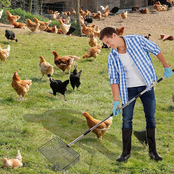 Large Chicken Poop Scooper, Metal Coop Scoop with 32" to 67" Adjustable Long Stainless Steel Handle, Chicken Poop Scooper for Sand with Heavy Duty Sifting Shovel for Chicken/ Horse/ Pet Coops (10 IN)-Mewly Pet
