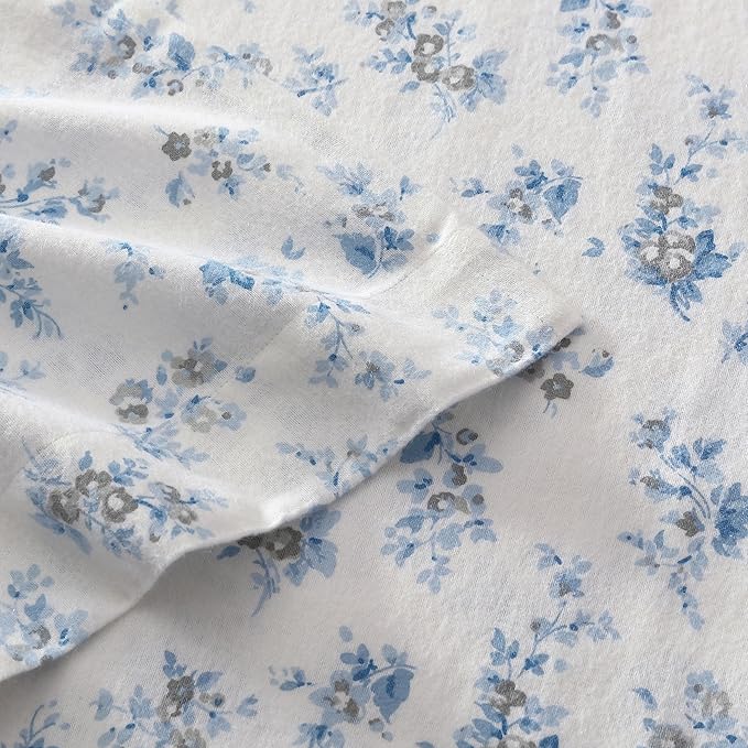 Laura Ashley - Flannel Sheets Twin Size, Anti-Pilling & Wrinkle Resistant Cotton, Touchably Soft for All-Season Comfort - Bed Sheets with Matching Pillowcase & Fitted Sheet (Audrey Blue)