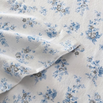 Laura Ashley - Flannel Sheets Queen Size, Anti-Pilling & Wrinkle Resistant Cotton, Touchably Soft for All-Season Comfort - Bed Sheets with Matching Pillowcases & Fitted Sheet (Audrey Blue)