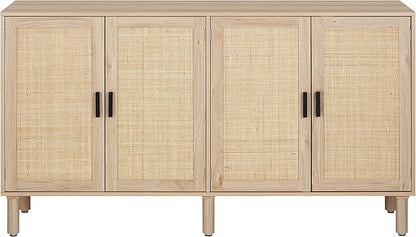 Finnhomy 4 Door Sideboard Buffet Cabinet, Kitchen Storage Cabinet with Rattan Decorated Doors, Cupboard Console Table, Boho Accent Liquor Cabinet for Home Bar, 62.3X 15.7X 34.6 Inches, Natural