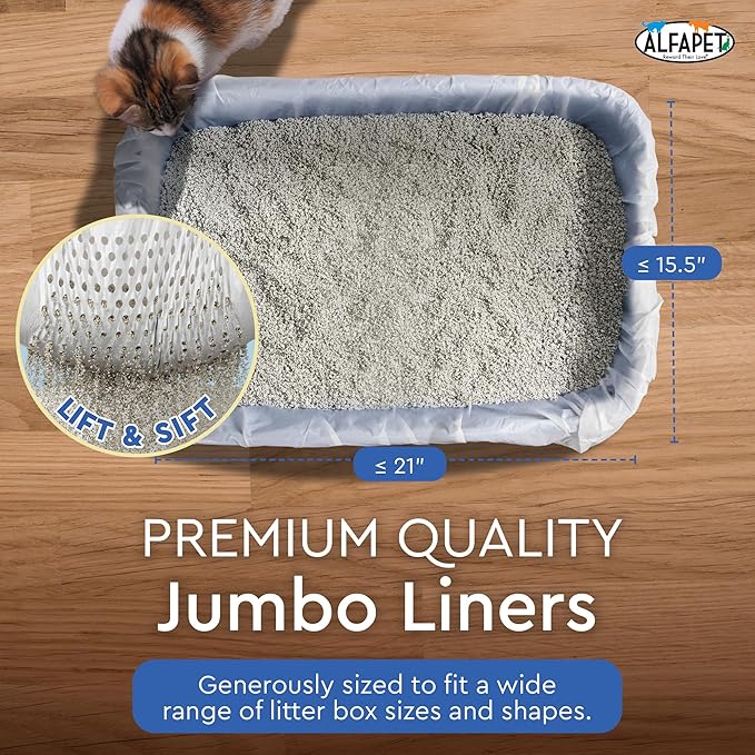 Alfapet Sifting Cat Litter Box Liners - Jumbo 30 Count, Tear-Resistant Cat Litter Bags, Waterproof Kitty Litter Liners, Fits Litterbox Pan Sizes X-Large, X-Giant, 37" x 18" 30 lb Capacity-Mewly Pet