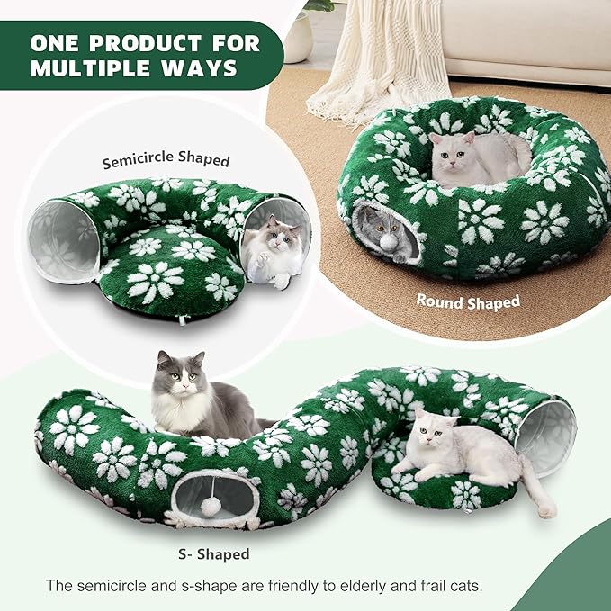 Cat Tunnel for Indoor Cats, Cute Peekaboo Cat Cave with Dangling Balls, Pet Donut Tunnel Bed with Circle Mat for Puppy Kitten Rabbit, Green Flower-Mewly Pet