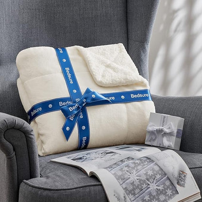 Bedsure GentleSoft Sherpa Fleece Throw Blanket Twin Size for Couch - Thick and Warm, Soft Fuzzy Plush Twin Blanket for Winter, Cream, 60x80 Inches