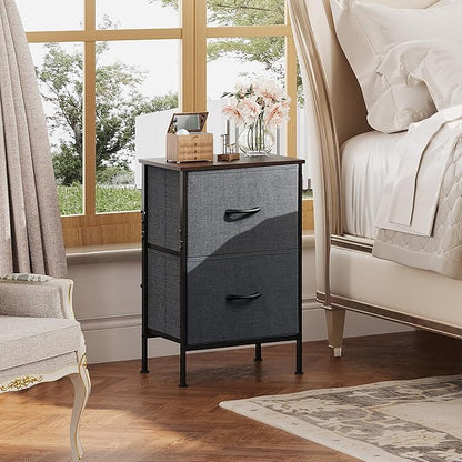 WLIVE Nightstand, Nightstand with 2 Drawers, Bedside Furniture, Night Stand, Small Dresser for Bedroom, College Dorm, End Table with Fabric Bins, Dormitory, Dark Grey, Size L
