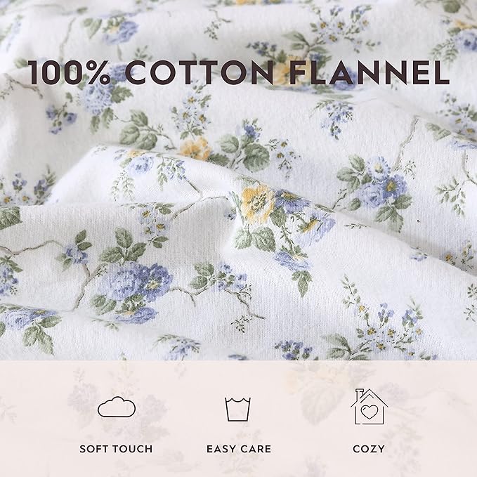 Laura Ashley - Flannel Sheets Queen Size, Anti-Pilling & Wrinkle Resistant Cotton, Touchably Soft for All-Season Comfort - Bed Sheets with Matching Pillowcases & Fitted Sheet (Le Fleur Cottage Blue)