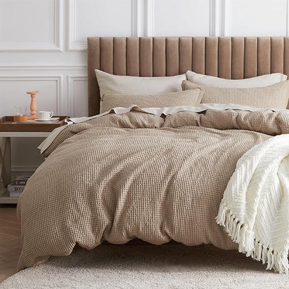 Bedsure Cotton Duvet Cover Full - 100% Cotton Waffle Weave Khaki Duvet Cover Set, GentleSoft™ and Breathable Tan Bedding Set for All Season, 3 Pieces, 80"x90"