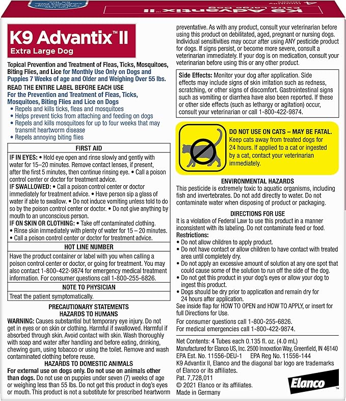 K9 Advantix II XL Dog Vet-Recommended Flea, Tick & Mosquito Treatment & Prevention | Dogs Over 55 lbs. | 4-Mo Supply-Mewly Pet