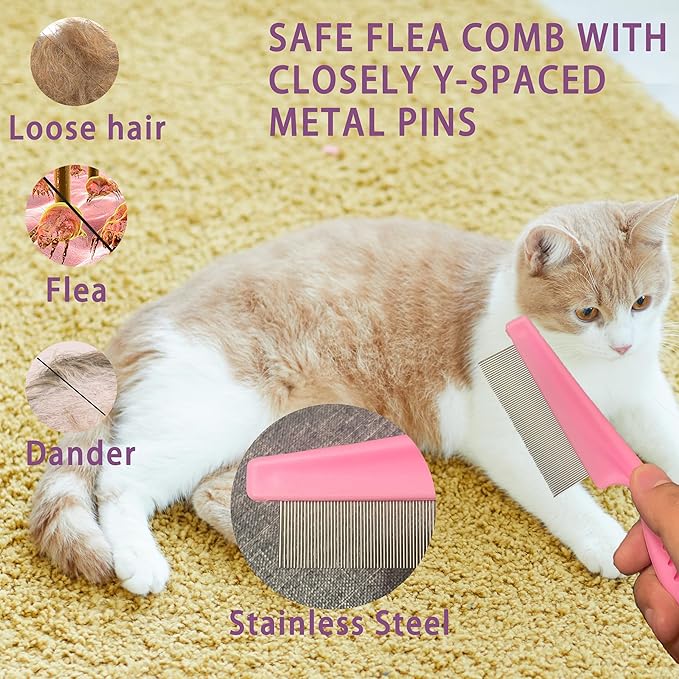 Cat Grooming Brush Kit 6 Tools - Deshedding & Dematting for Long/Short Hair, Self-Cleaning Slicker Brush with 6-in-1 Flea Comb for Cats & Kittens (Pink)-Mewly Pet