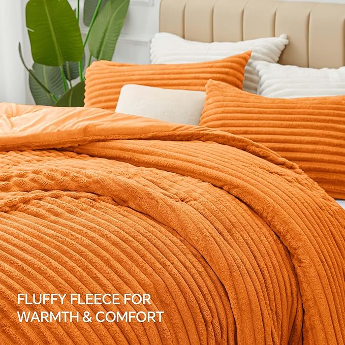 BEDELITE Fleece Twin Comforter Set -Super Soft & Warm Fluffy Burnt Orange Bedding, Luxury Fuzzy Heavy Bed Set for Winter with 1 Pillow case