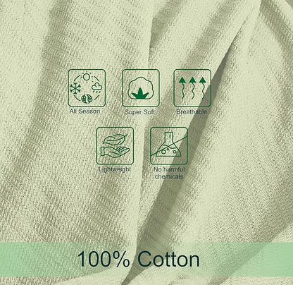 COTTON CRAFT Soft Cotton Thermal Blanket - Plush Herringbone Twill - All Season Luxurious Breathable Skin Friendly Lightweight Cooling Throw Blanket - Sofa Couch Travel Camping Dorm - King Sage