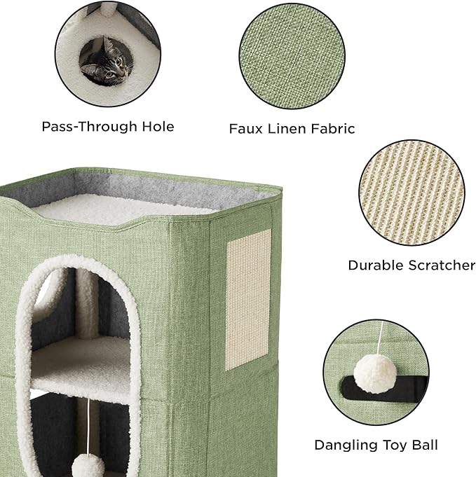Bedsure 2 Story Cat House - Cat Condos for Indoor Cats with Scratch Pad and Fluffy Ball Hanging, Small Pet Cave Furniture Hideaway for Multi Pets, 18x14x23 inches, Green-Mewly Pet