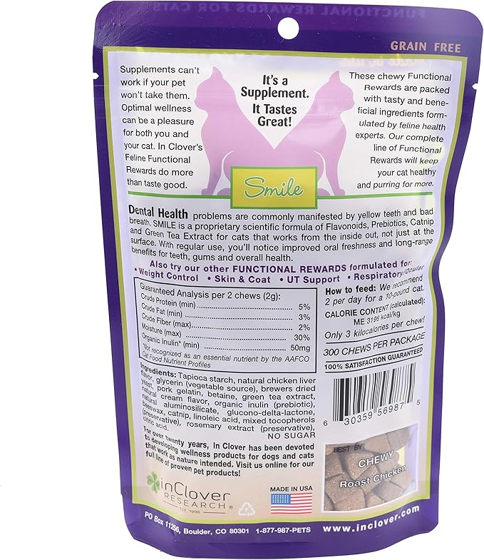 Smile Daily Dental Health Soft Chews for Cats, Support Healthy Teeth and Fresh Tongue with Catnip and Green Tea, Prebiotics, and Chlorophyll for Fresh Breath, 10.5 oz-Mewly Pet