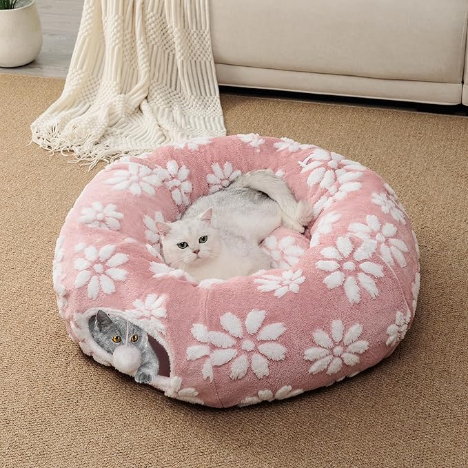 Cat Tunnel for Indoor Cats, Cute Peekaboo Cat Cave with Dangling Balls, Pet Donut Tunnel Bed with Circle Mat for Puppy Kitten Rabbit, Pink-Mewly Pet