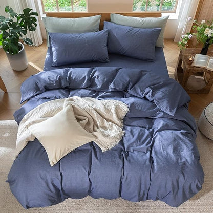 MooMee Bedding Duvet Cover Set 100% Washed Cotton Linen Like Textured Breathable Durable Soft Comfy (Heathered Blue, Palatial King/Oversized King 120"x98")