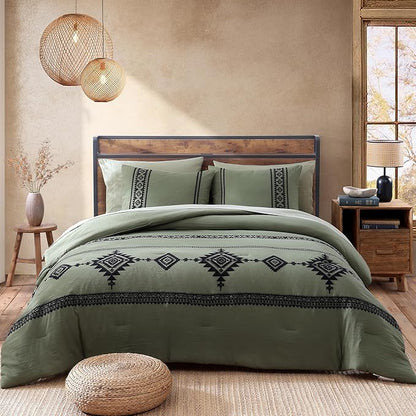 MaiRêve Embroidery Comforter Sets King Size Olive Green - 7 Pieces, Farmhouse Western Bedding Comforter Set, All Season Bed in A Bag King with Sheets, Comforters, Pillowcases & Shams