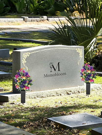 Artificial Cemetery Flowers for Grave: Memorial Day Flowers for Cemetery - Outdoor Grave Decorations - 2 Pcs Purple Violet Mums Bouquets with Vases