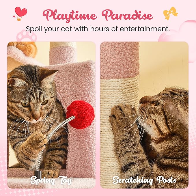MWPO Cute Cat Tree, 63.8-Inch Pink Cat Tower for Indoor Cats, Multi-Level Cat Condo with 5 Scratching Posts, 2 Perches, Hammock, Dangling Toys-Mewly Pet