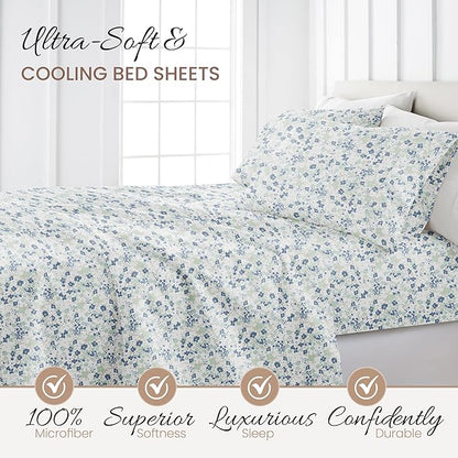 Linen Market Double-Brushed Patterned Microfiber California King Sheet Set 4 Piece – Oeko-TEX Certified Ultra Soft & Wrinkle-Free - 16" Deep Pocket Sheets Easy Care Cal-King Size - Violets Light Blue