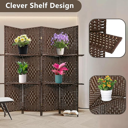 FDW Room Divider 4 Panel Wooden Screen Folding Portable Partition Screens Wood with Removable Storage Shelves Color, Dark Brown