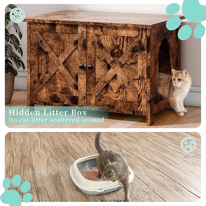 Vongrasig Cat Litter Box Enclosure,Litter Box Furniture Hidden with Barn Door,Wooden Cat Washroom Furniture,Cat House,End Table, Fit Most of Litter Box, Brown-Mewly Pet