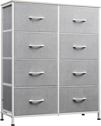 WLIVE Fabric Dresser for Bedroom, Tall Dresser with 8 Drawers, Storage Tower with Fabric Bins, Double Dresser, Chest of Drawers for Closet, Playroom, Dormitory, Light Grey