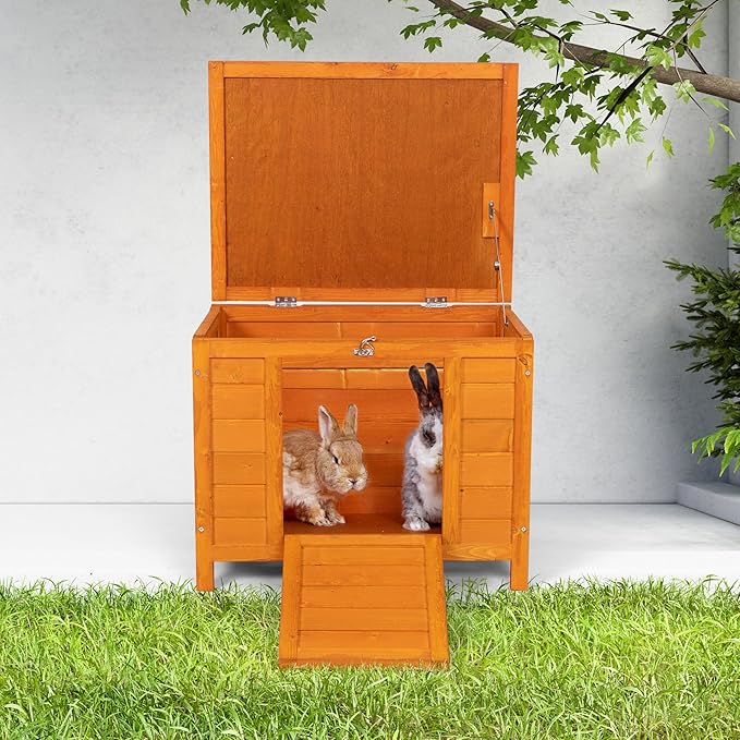 COZIWOW 24inches Wooden Catio Outdoor Cat House Small Animal House，Rabbit Hutch Indoor，Stable Weatherproof Bunny Cage Pet Shelter for Small Cat Dog Rabbit Guinea Pig(Orange)-Mewly Pet