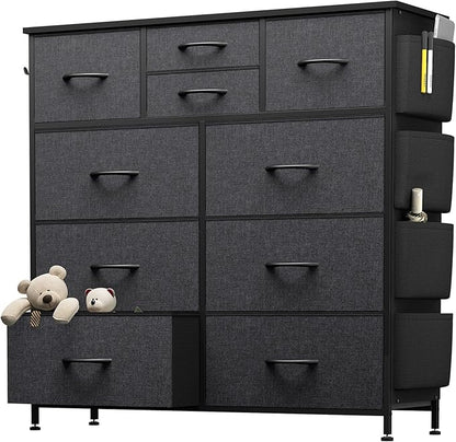 10 Drawer Dresser, Chest of Drawers for Bedroom, Fabric Dresser Drawers with Side Pockets, Hooks, Wooden Top and Sturdy Metal Frame for Living Room, Closet, Hallway, Nursery (Grey)