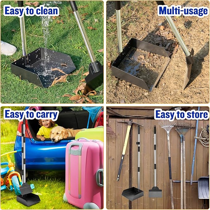Dog Pooper Scooper for Large Dogs, 3 Pack Adjustable Long Handle Metal Tray, Rake and Spade Poop Scoop with Bin for Pet Waste Removal, No Bending Clean Up for Medium and Large Dogs-Mewly Pet