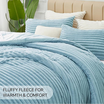 BEDELITE Fleece Queen Comforter Set -Super Soft & Warm Fluffy Light Blue Bedding, Luxury Fuzzy Heavy Bed Set for Winter with 2 Pillow Cases