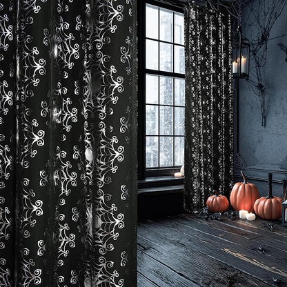 NICETOWN Black Sheer Halloween Curtains with Silver Spider Foil Print, Grommet Flowing Voile Sheer Window Treatment for Gothic Bedroom, W54 x L84, 2 Panels